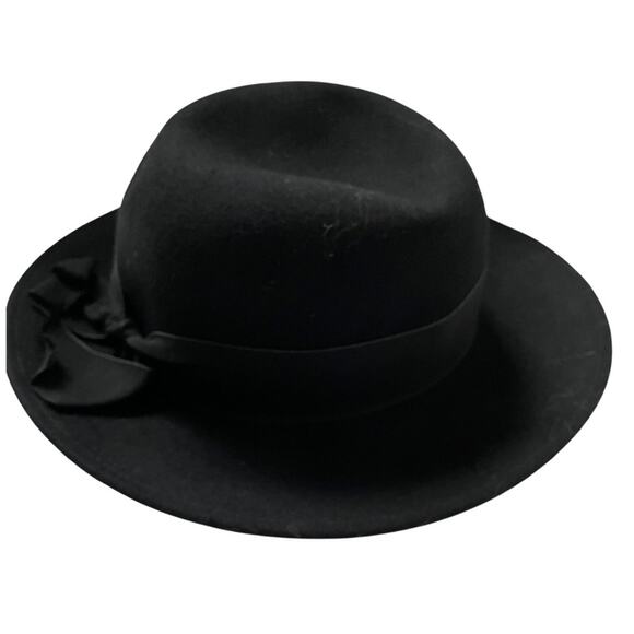 Vintage Felted Wool Cloche Hat Ribbon Bow Trim Made in Italy Black EUC